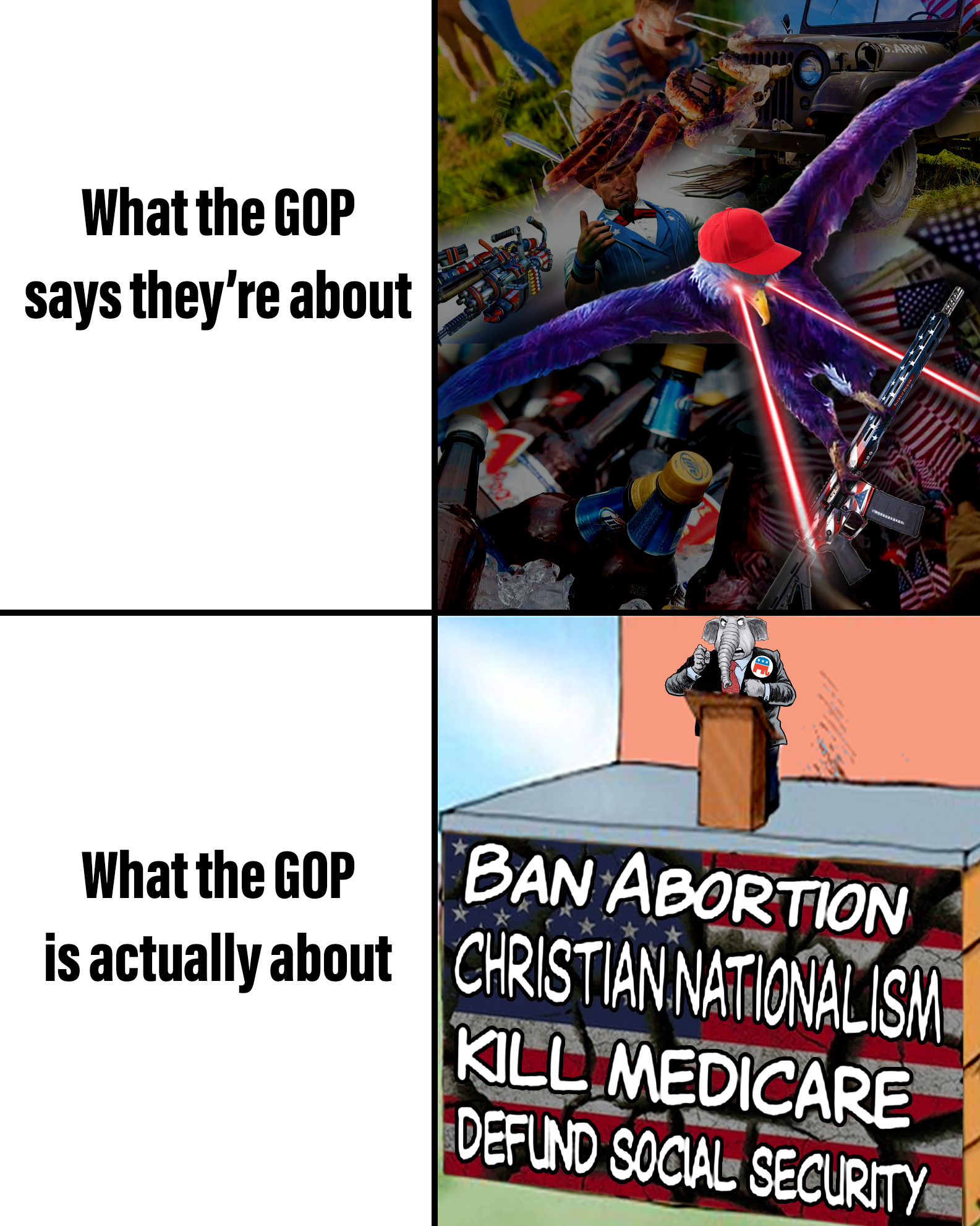 What the GOP says they're about vs what the GOP is actually about meme