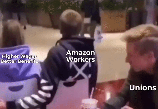 Unions helping Amazon workers motion meme