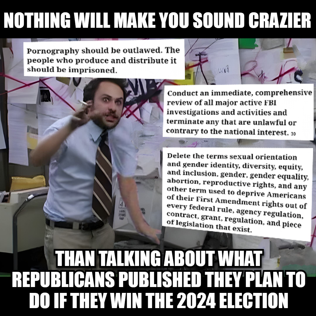 Nothing will make your sound crazier than talking about what Republicans published they plan to do if they win the 2024 election meme
