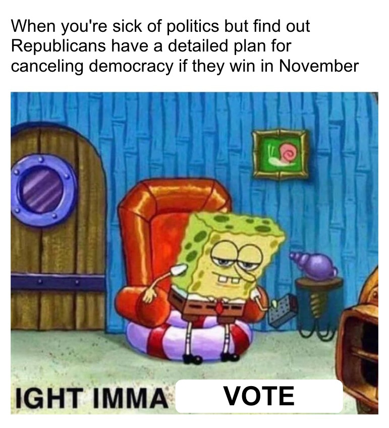 When you're sick of politics but find out Republicans have a detailed plan for canceling democracy if they win in November meme