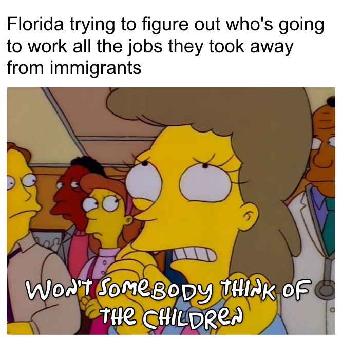 Florida trying to figure out who's going to work all the jobs they took away from immigrants, won't somebody think of the children, the simpsons meme