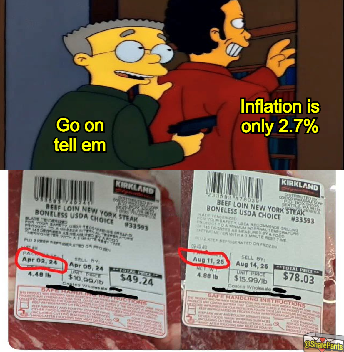 Go on tell em, inflation is only 2.7%, prices on meat at the store from april 2024 compared to 2025, inflation meme